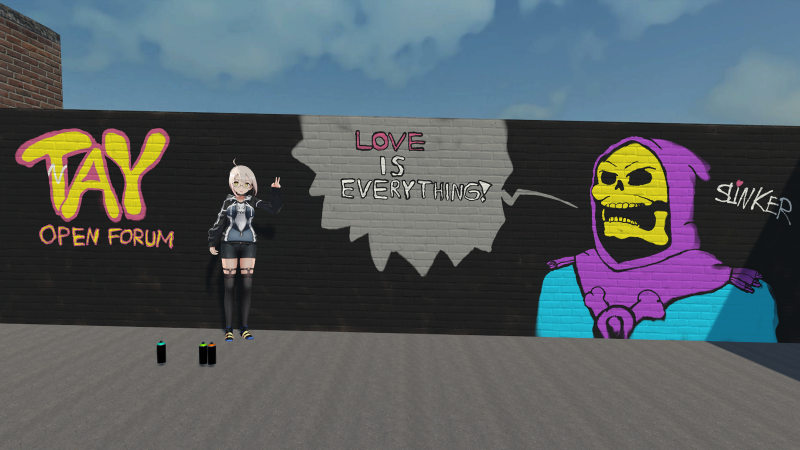 Me in Vrchat drawing graffiti. You can watch me draw the whole thing at: https://www.twitch.tv/videos/430851975##